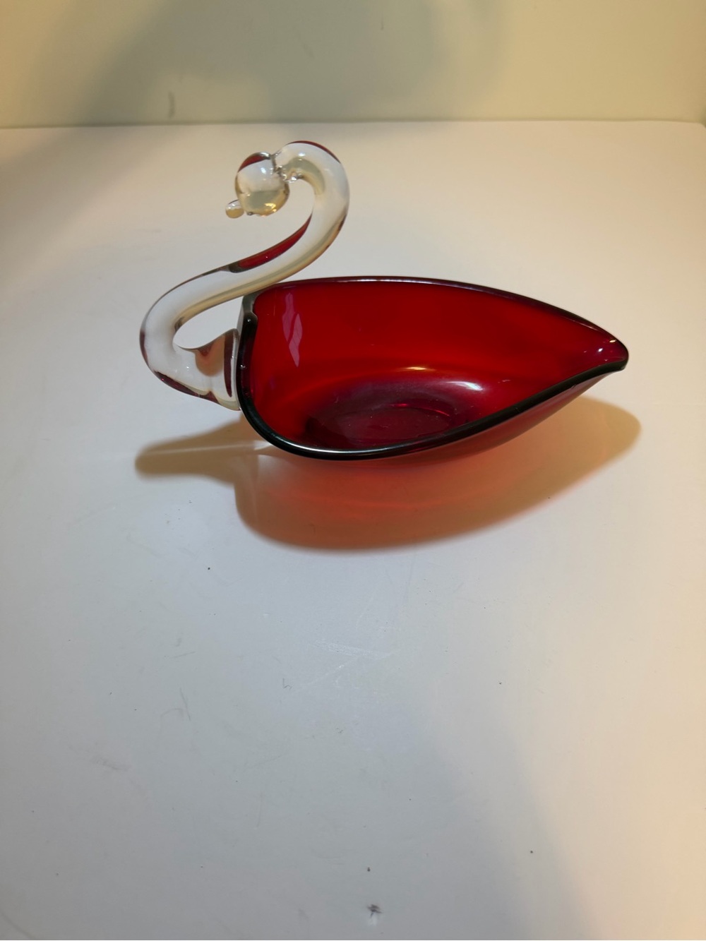 Vintage Duncan & Miller Ruby Red and Clear Glass Swan Bowl